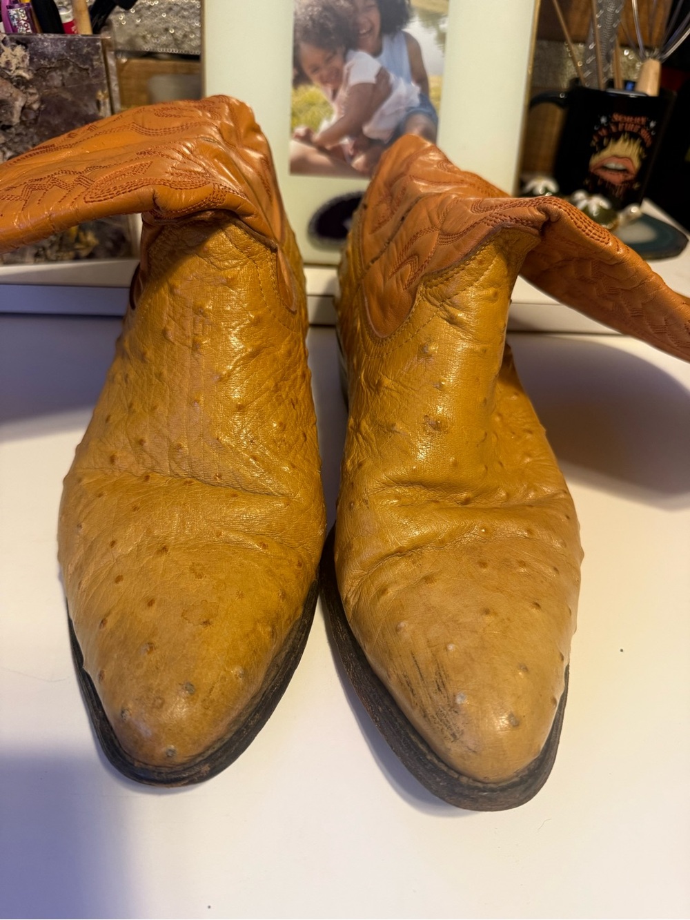 Men's Tan Ostrich-Texture Western Boots — Classic Cowboy Style